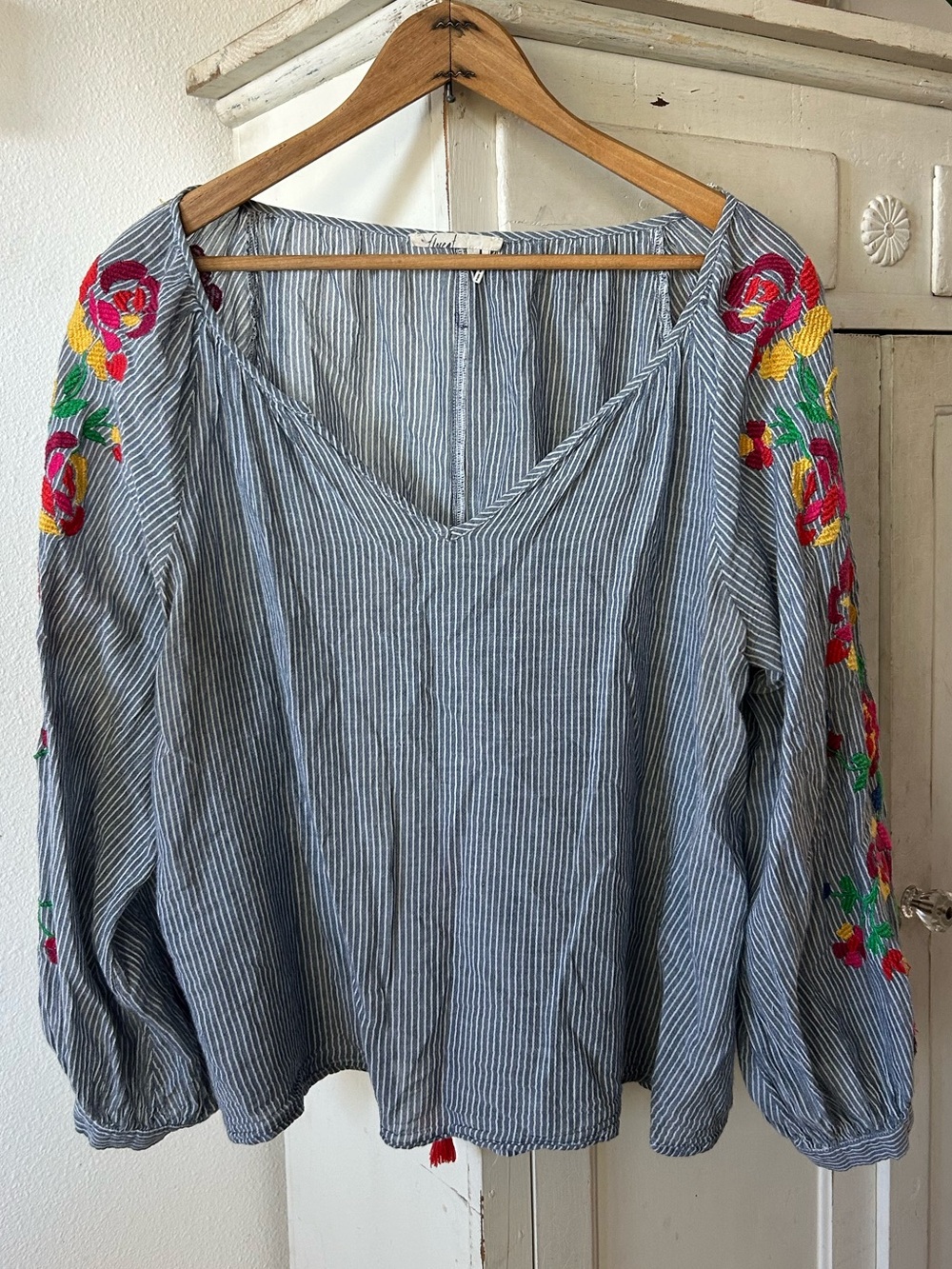 Anthropologie Floreat | Womens Blue/White Striped VNeck Embroidered Sleeve Top L - Picture 4 of 16